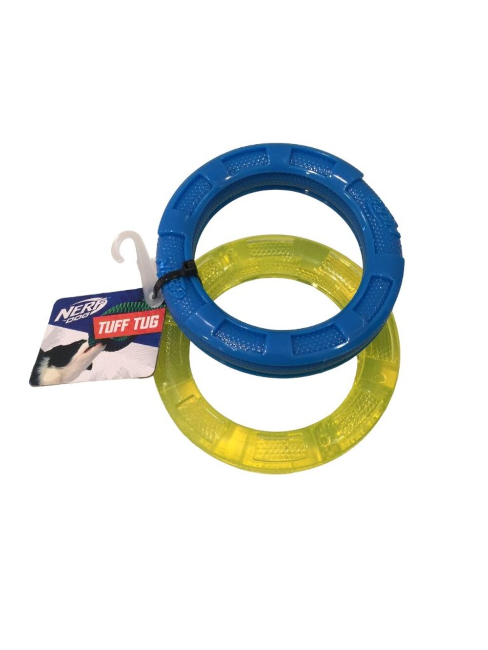 NERF DOG 4 1/2" Tuff Tug 2 Ring Dog Toy Royal Blue Lime